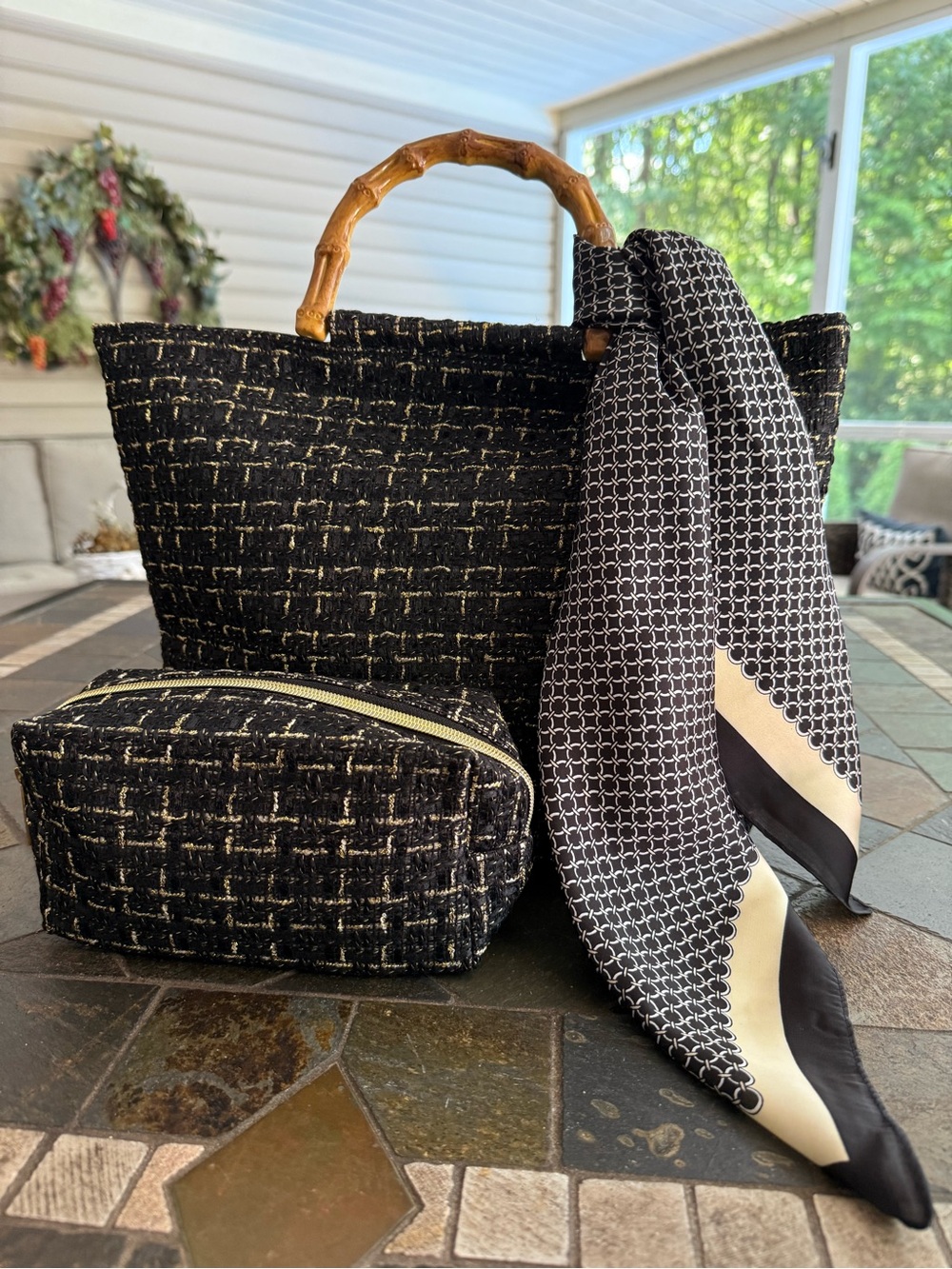 Black & Gold Tweed Handbag with Faux Bamboo Handles and Matching Case & Scarf.